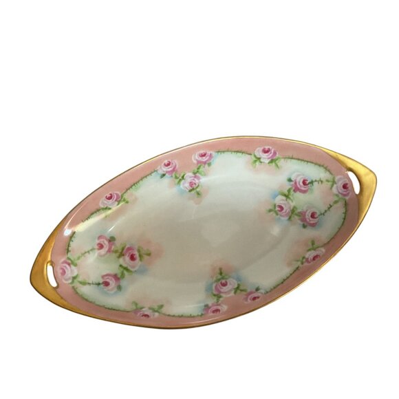 O&EG Royal Austria Vintage Porcelain Oval Dish Pink Roses Gold Trim 9" - Picture 2 of 3